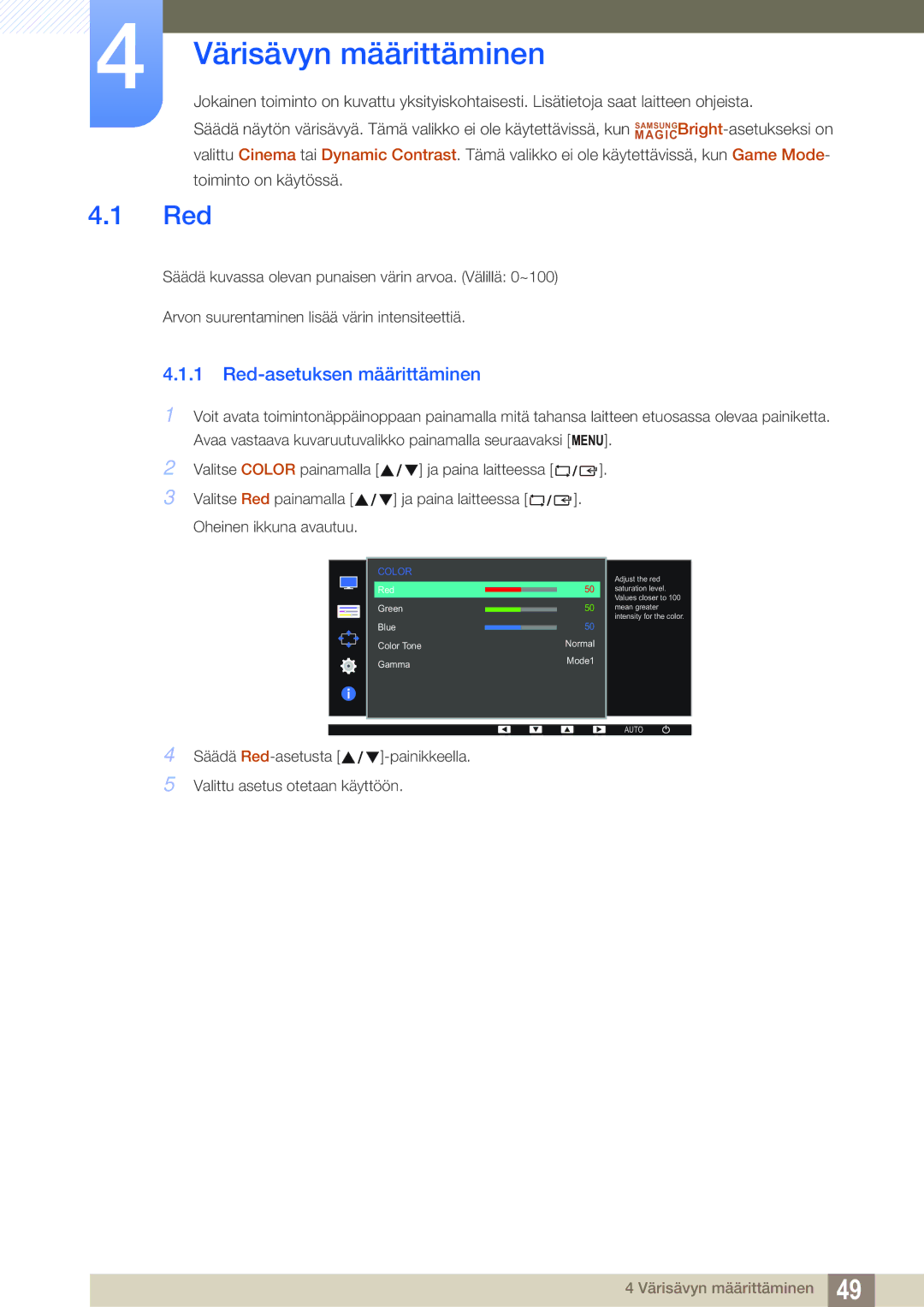 Samsung LS24D391HL/EN, LS27D391HS/EN manual Värisävyn määrittäminen, Red-asetuksen määrittäminen 