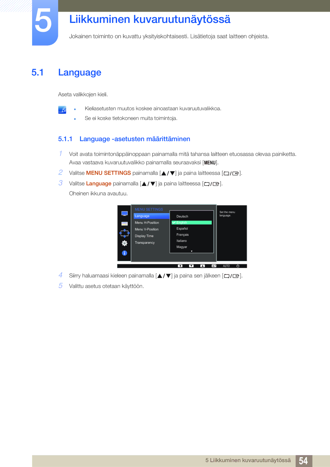 Samsung LS27D391HS/EN, LS24D391HL/EN manual Liikkuminen kuvaruutunäytössä, Language -asetusten määrittäminen 