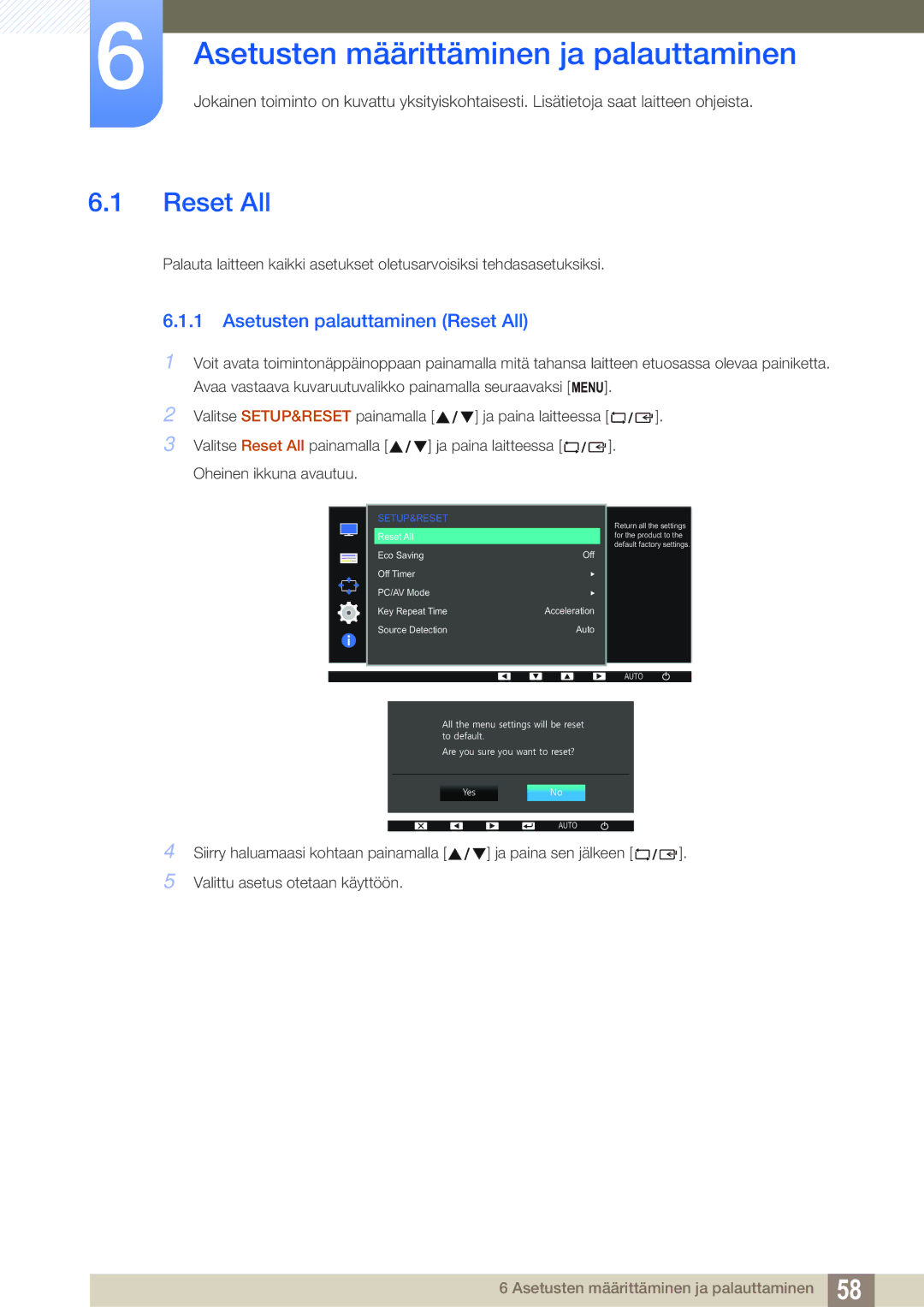 Samsung LS27D391HS/EN, LS24D391HL/EN manual Asetusten määrittäminen ja palauttaminen, Asetusten palauttaminen Reset All 