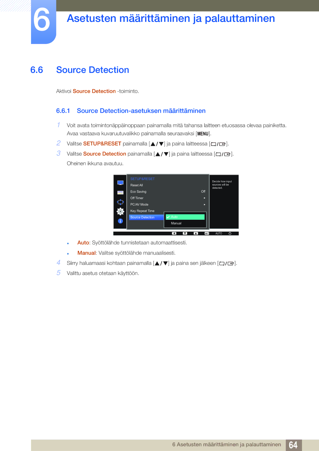 Samsung LS27D391HS/EN, LS24D391HL/EN manual Source Detection-asetuksen määrittäminen 