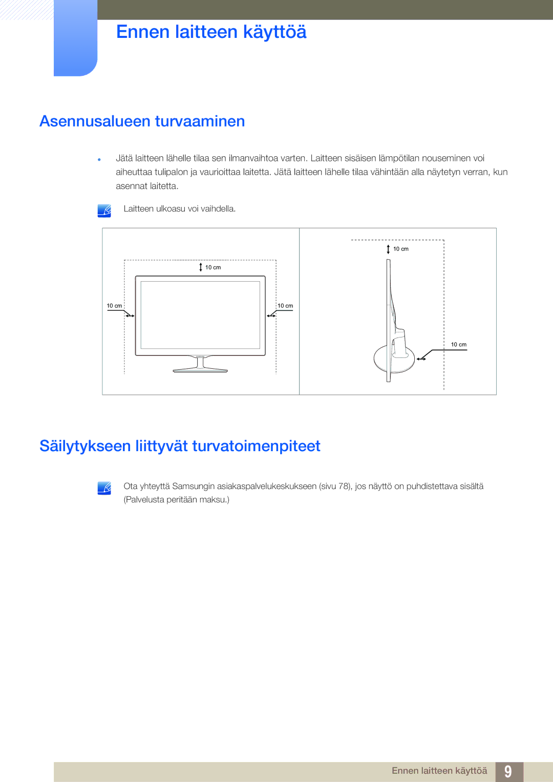 Samsung LS24D391HL/EN, LS27D391HS/EN manual Asennusalueen turvaaminen, Säilytykseen liittyvät turvatoimenpiteet 