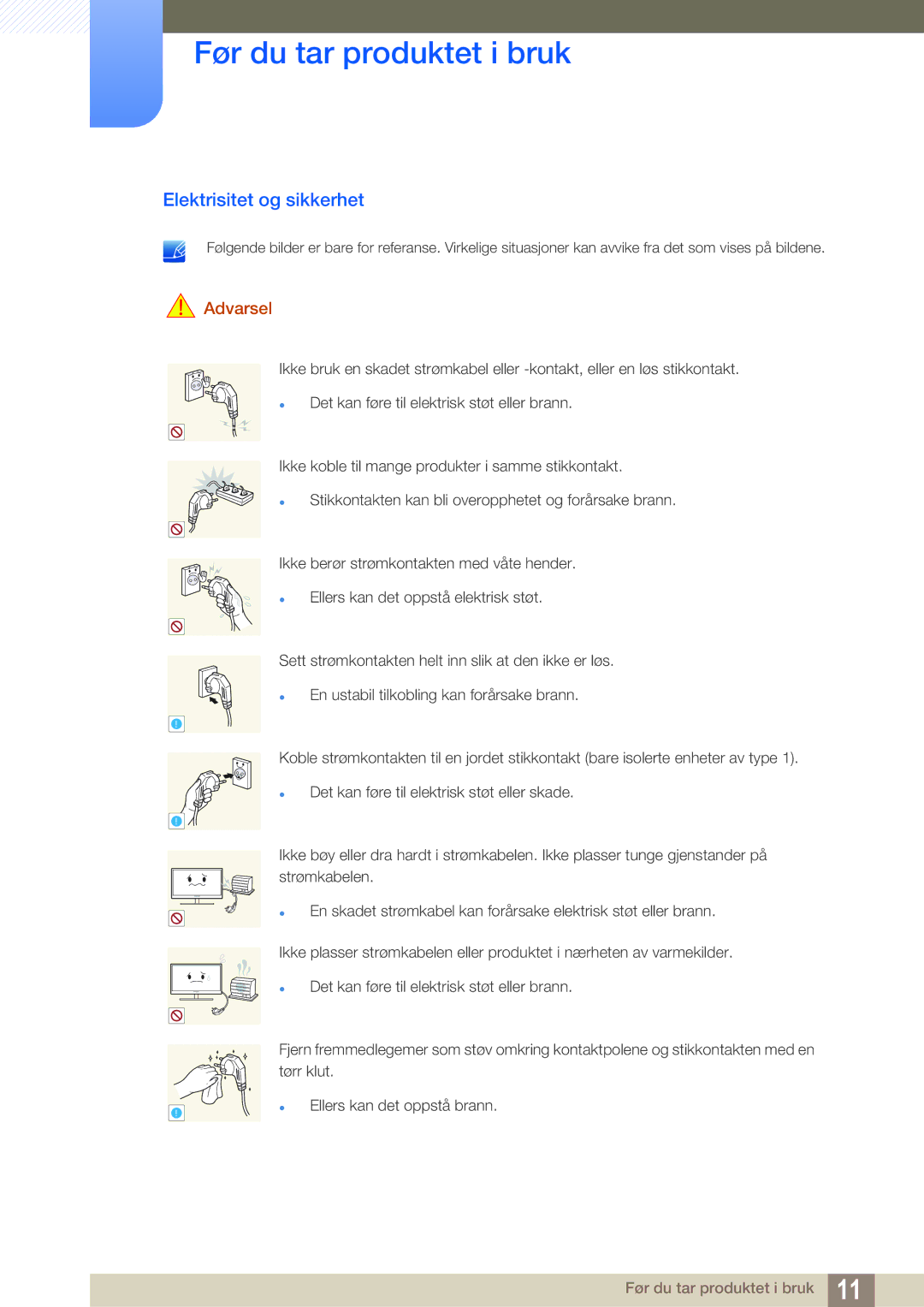 Samsung LS24D391HL/EN, LS27D391HS/EN manual Elektrisitet og sikkerhet 