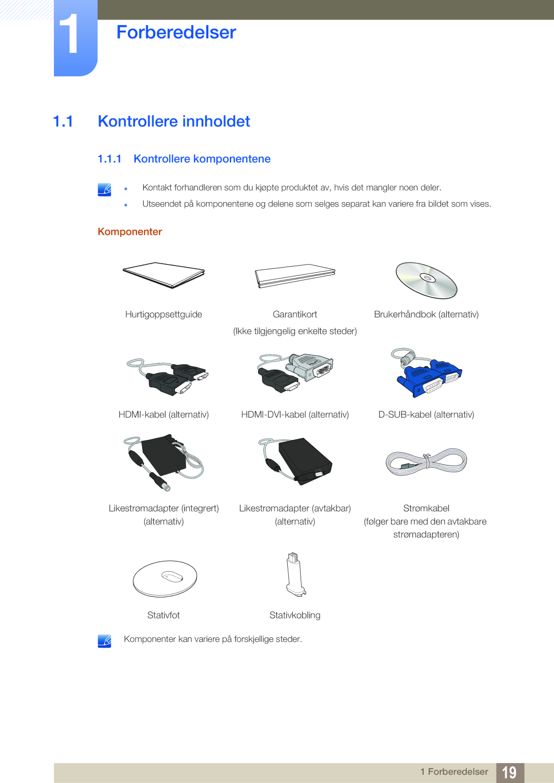 Samsung LS24D391HL/EN, LS27D391HS/EN manual Forberedelser, Kontrollere innholdet, Kontrollere komponentene 