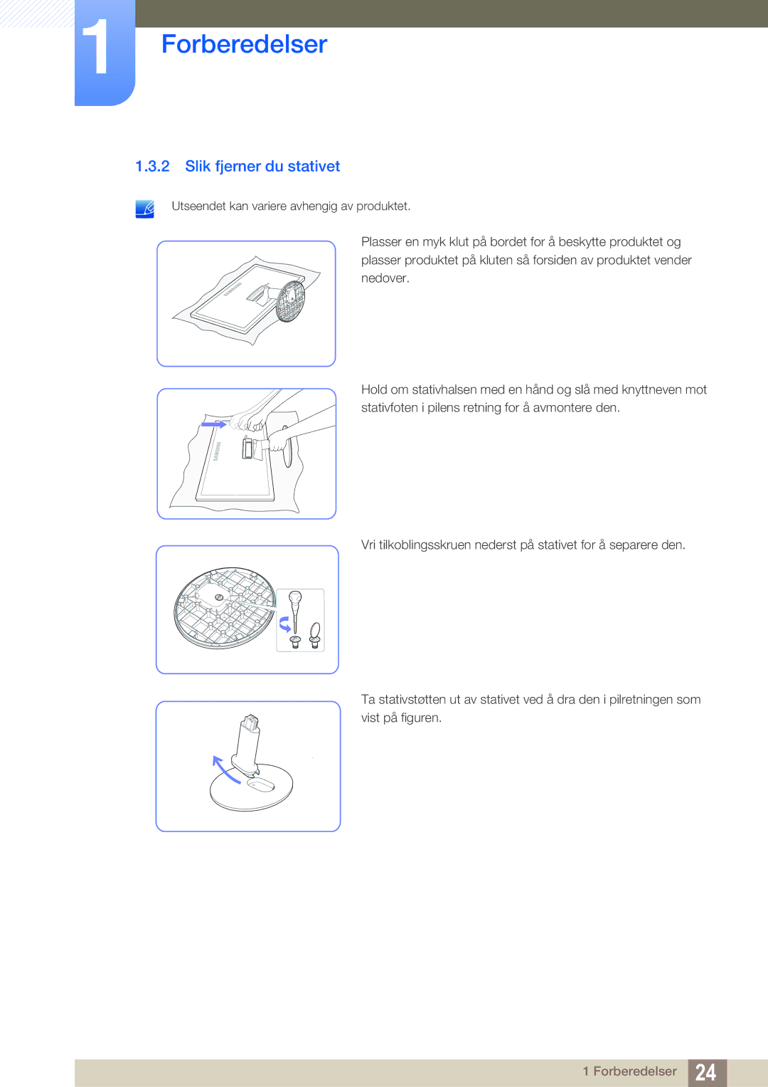 Samsung LS27D391HS/EN, LS24D391HL/EN manual Slik fjerner du stativet 