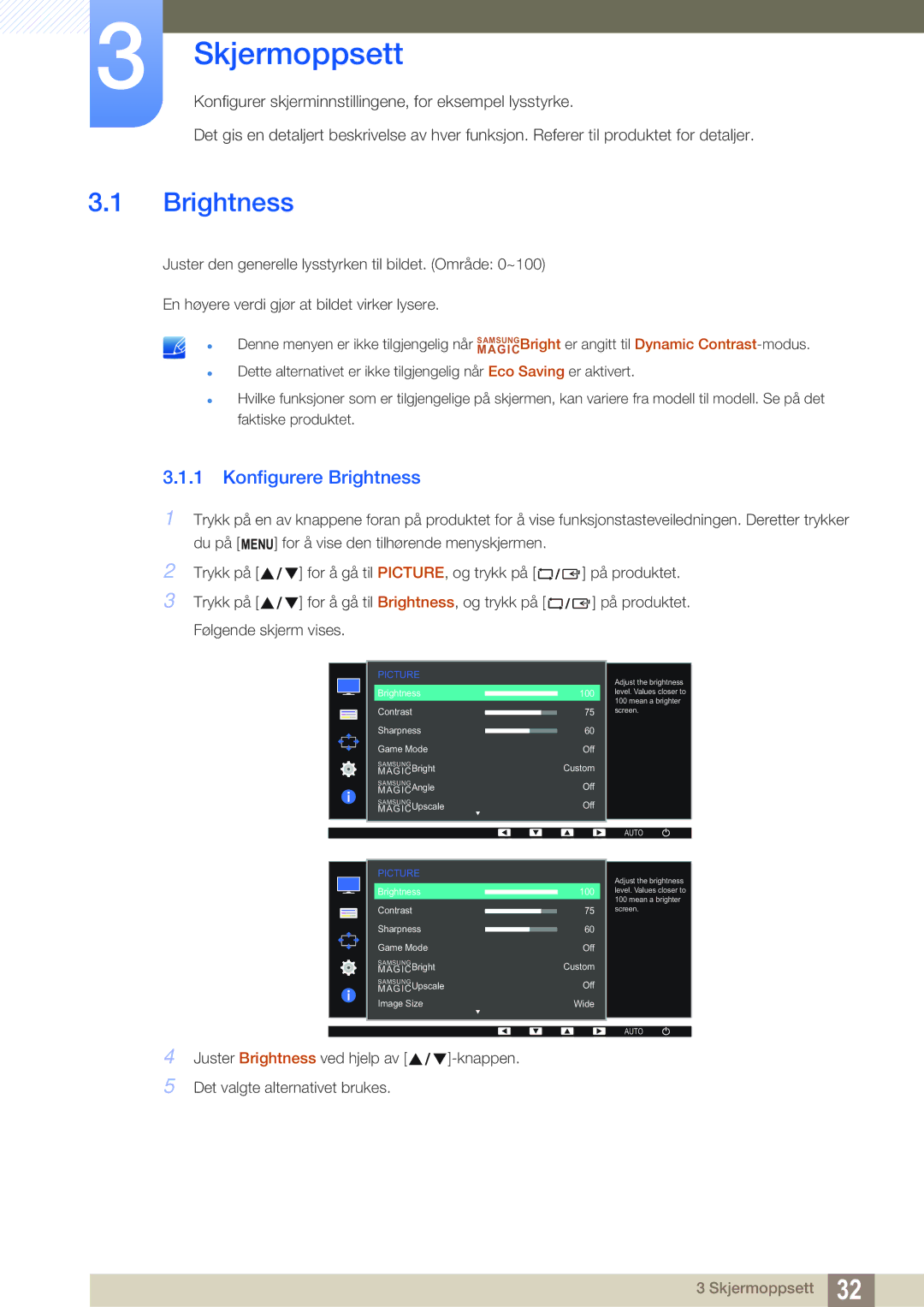 Samsung LS27D391HS/EN, LS24D391HL/EN manual Skjermoppsett, Konfigurere Brightness 