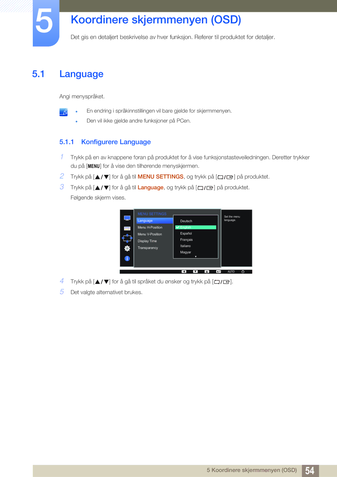 Samsung LS27D391HS/EN, LS24D391HL/EN manual Koordinere skjermmenyen OSD, Konfigurere Language 