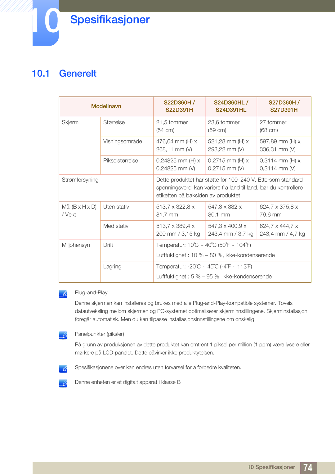 Samsung LS27D391HS/EN, LS24D391HL/EN manual Spesifikasjoner, Generelt 