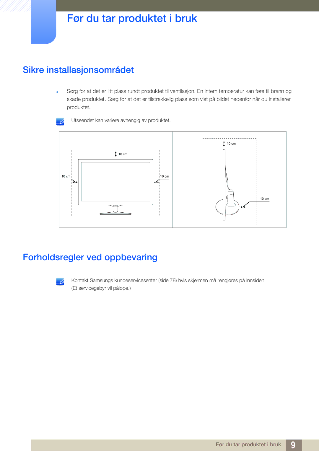 Samsung LS24D391HL/EN, LS27D391HS/EN manual Sikre installasjonsområdet, Forholdsregler ved oppbevaring 