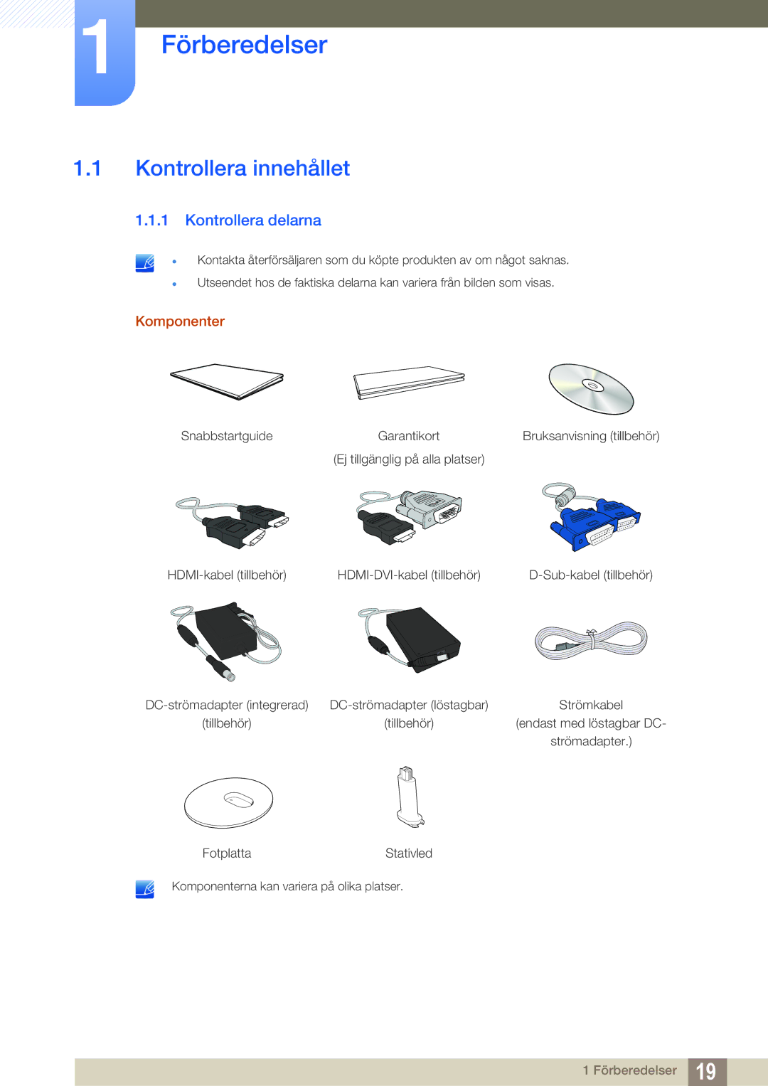 Samsung LS24D391HL/EN, LS27D391HS/EN manual Förberedelser, Kontrollera innehållet, Kontrollera delarna, Komponenter 