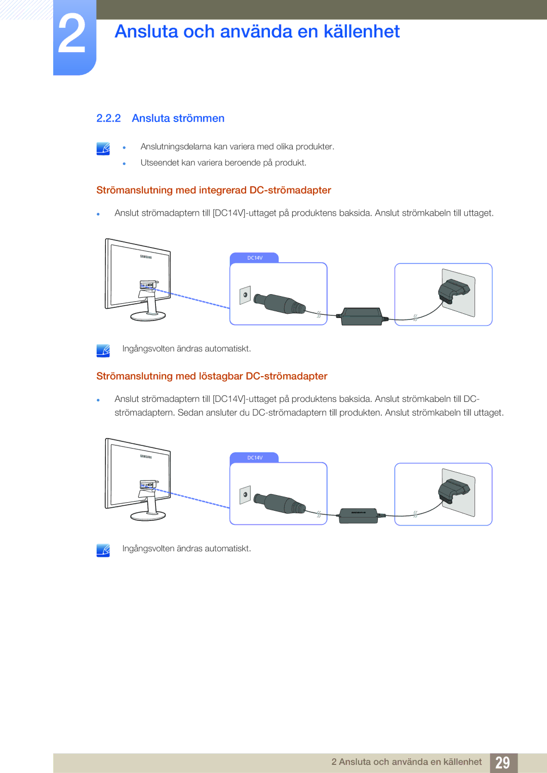 Samsung LS24D391HL/EN, LS27D391HS/EN manual Ansluta strömmen, Strömanslutning med integrerad DC-strömadapter 