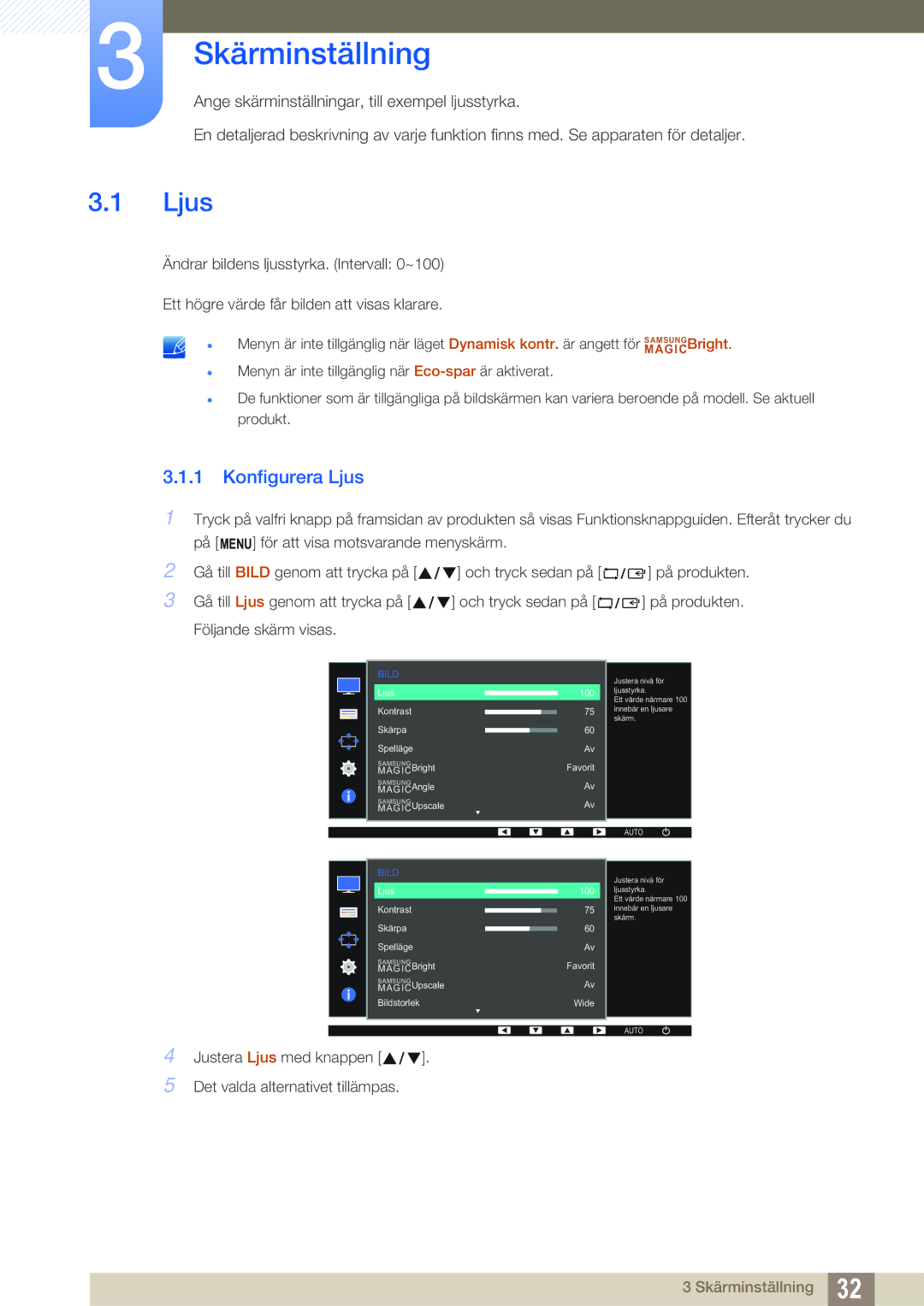 Samsung LS27D391HS/EN, LS24D391HL/EN manual Skärminställning, Konfigurera Ljus 