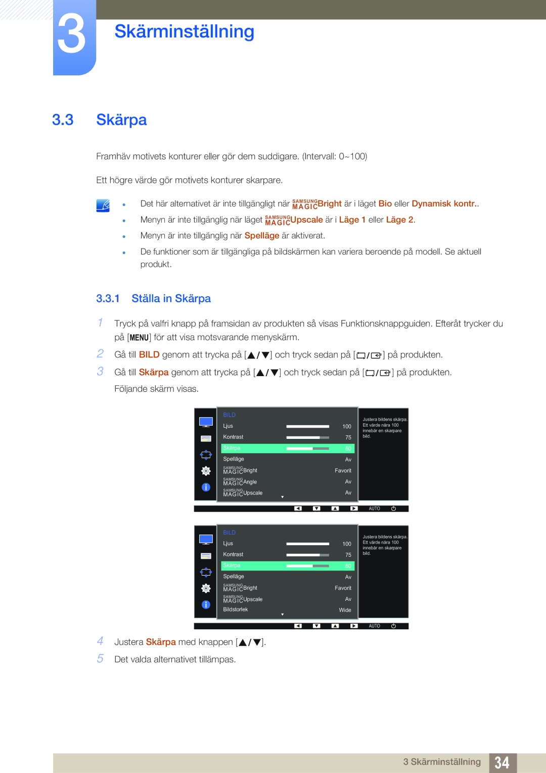 Samsung LS27D391HS/EN, LS24D391HL/EN manual 1 Ställa in Skärpa 