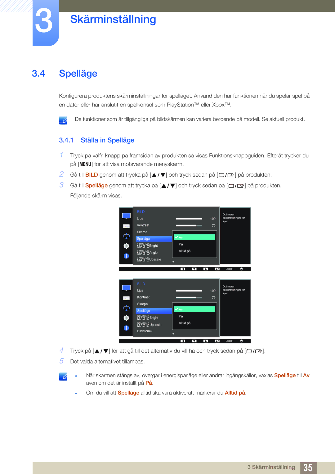 Samsung LS24D391HL/EN, LS27D391HS/EN manual 1 Ställa in Spelläge 