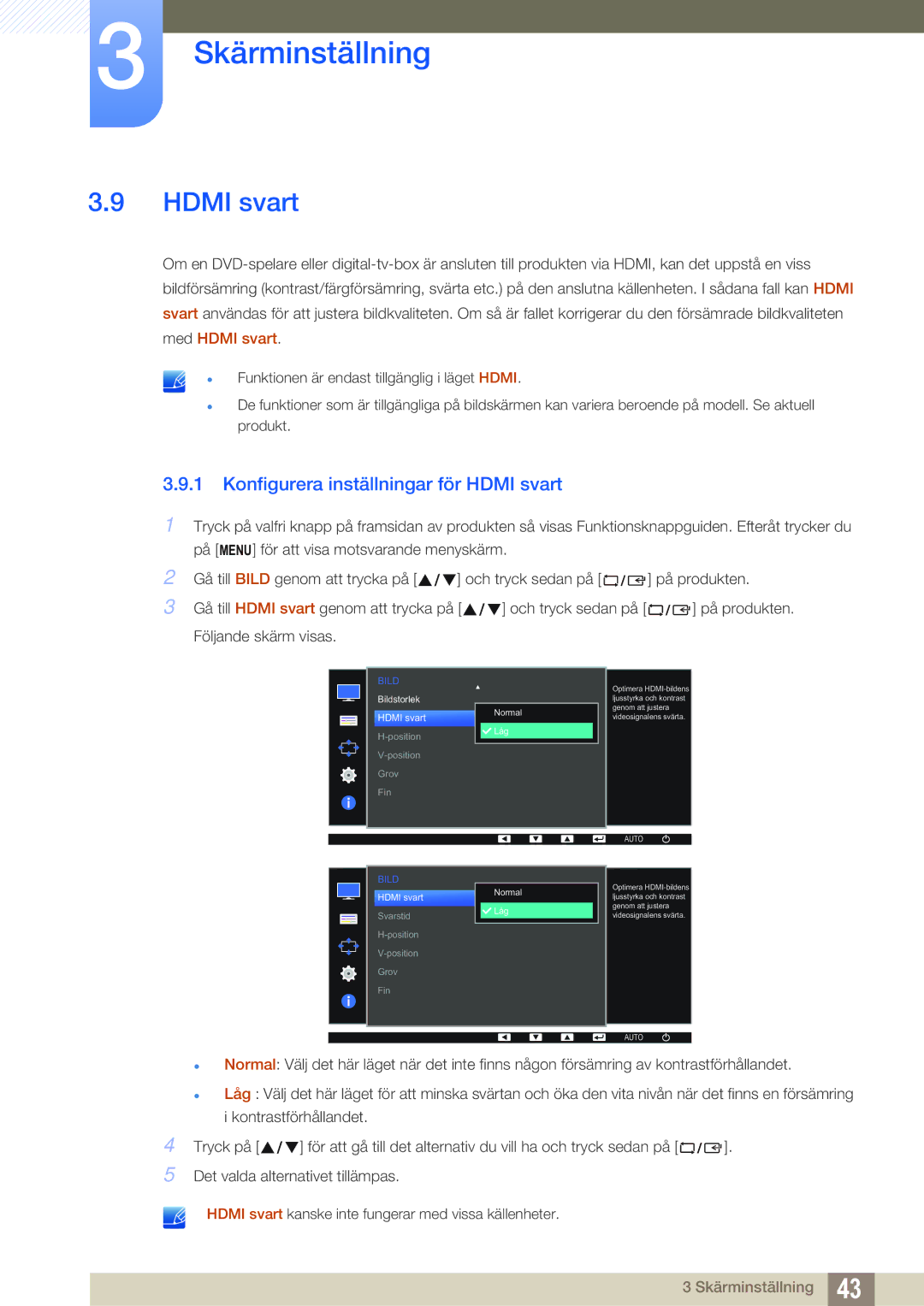 Samsung LS24D391HL/EN, LS27D391HS/EN manual Konfigurera inställningar för Hdmi svart 