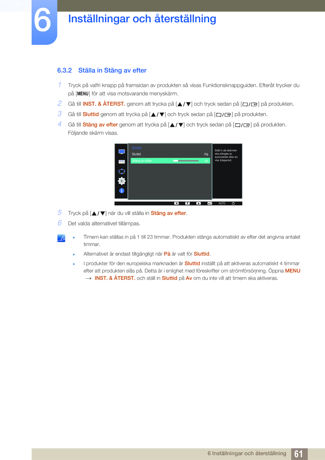 Samsung LS24D391HL/EN, LS27D391HS/EN manual 2 Ställa in Stäng av efter 