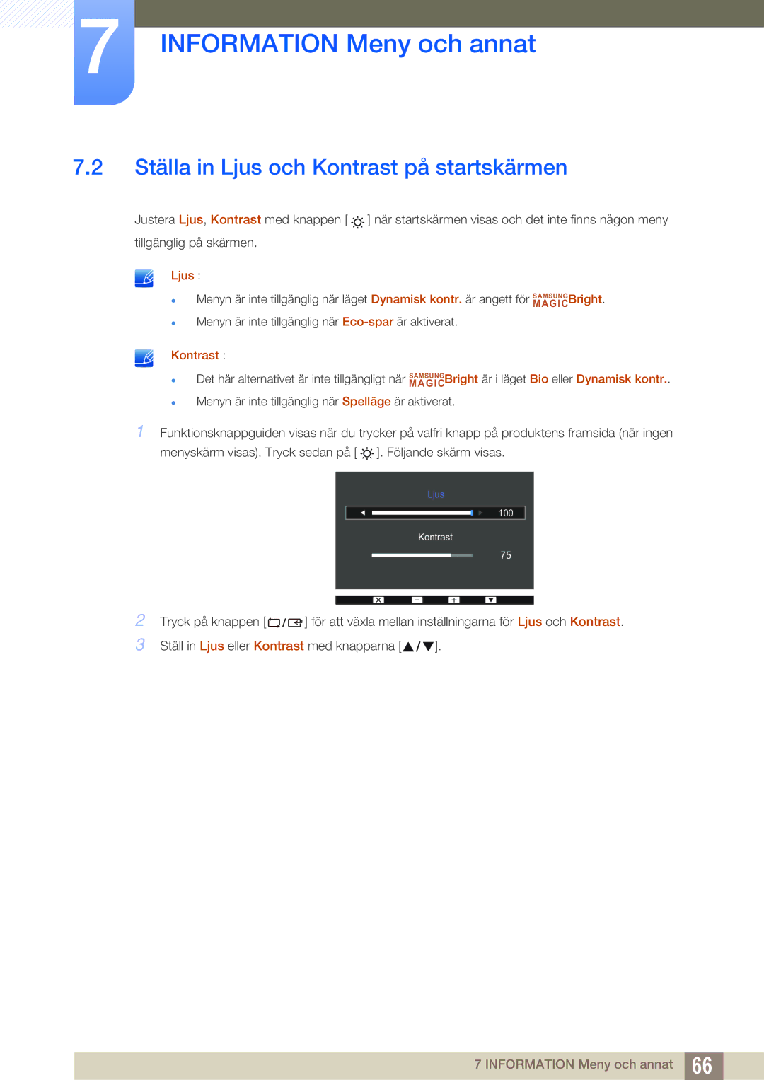 Samsung LS27D391HS/EN, LS24D391HL/EN manual Ställa in Ljus och Kontrast på startskärmen 