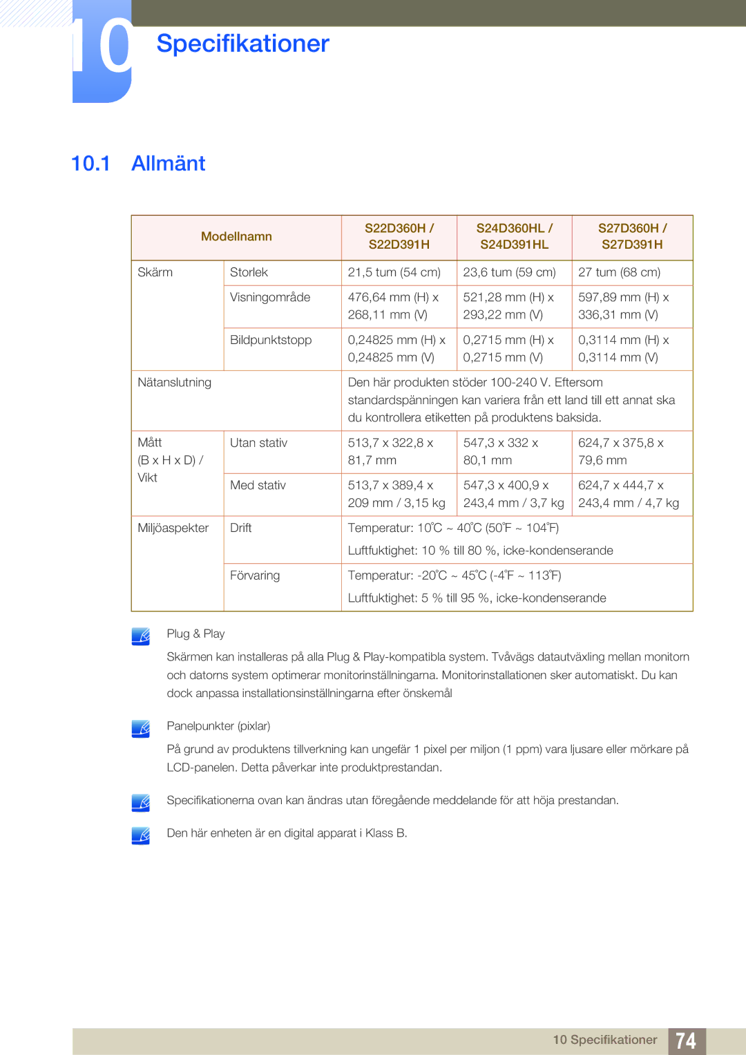 Samsung LS27D391HS/EN, LS24D391HL/EN manual Specifikationer, Allmänt 