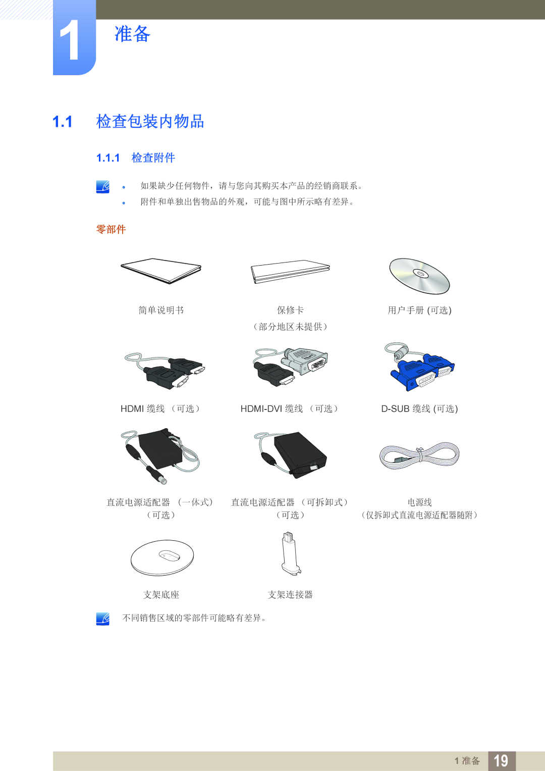 Samsung LS24D391HL/EN, LS27D391HS/EN manual 检查包装内物品, 1 检查附件 