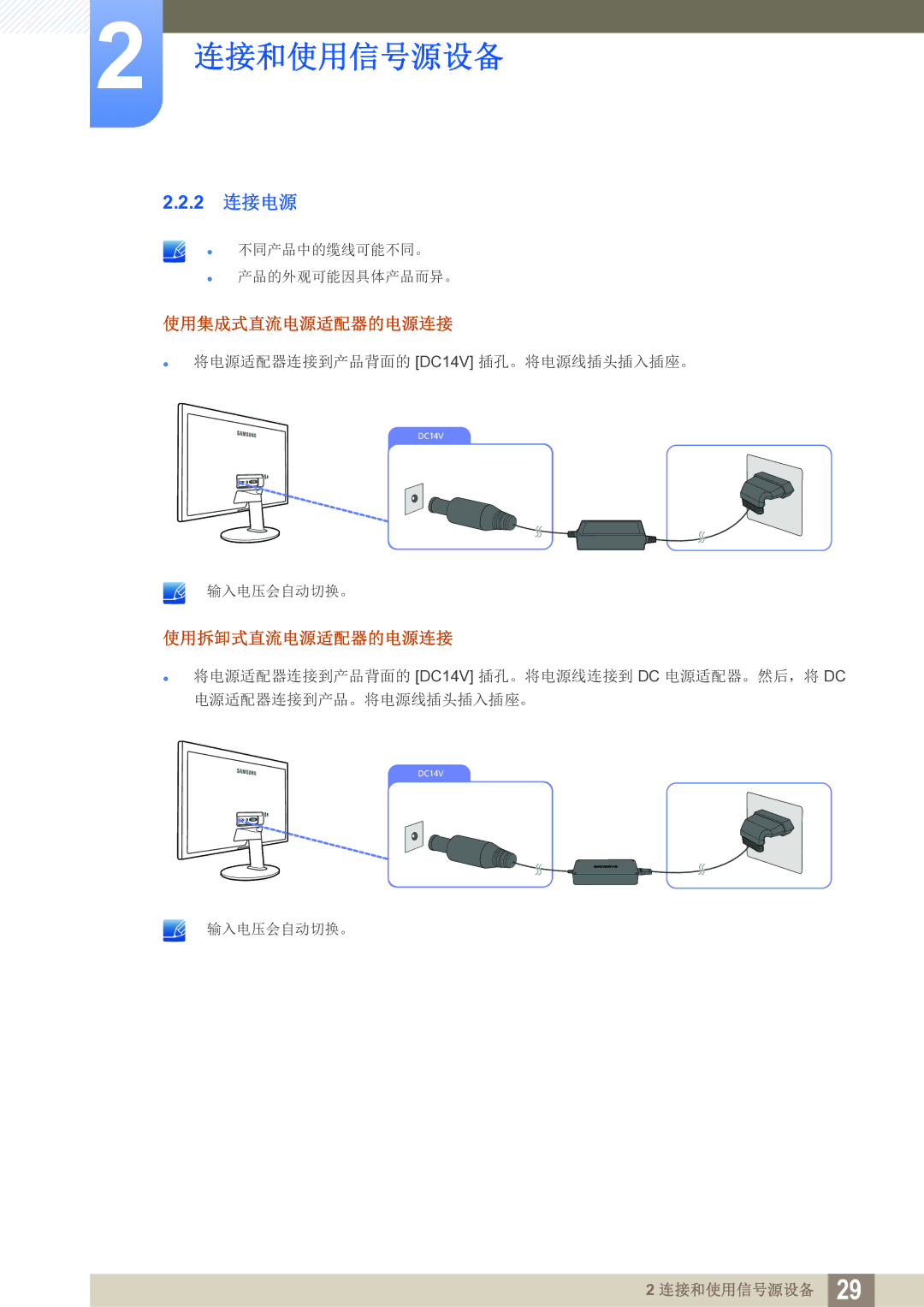 Samsung LS24D391HL/EN, LS27D391HS/EN manual 2 连接电源, 使用拆卸式直流电源适配器的电源连接 