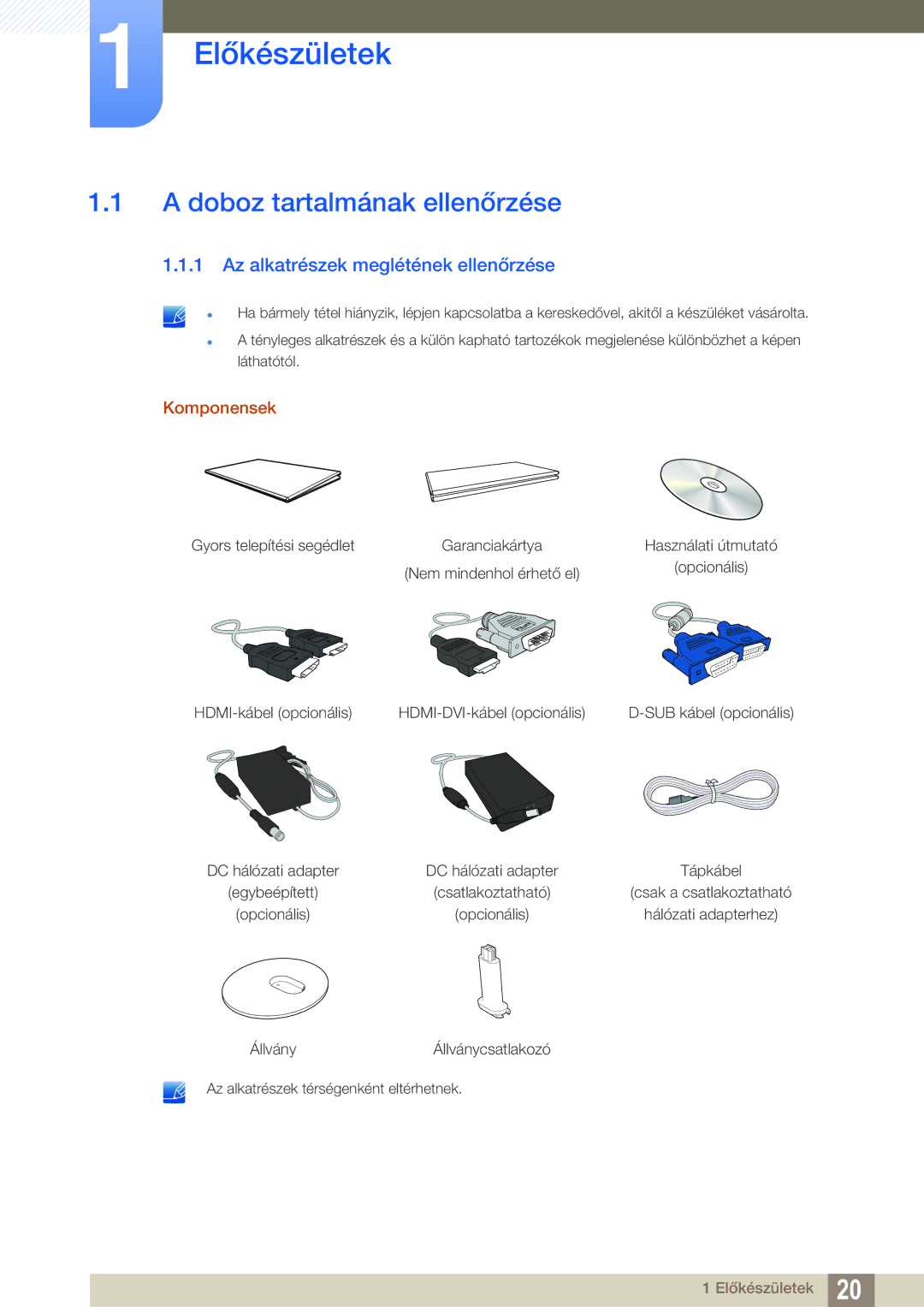 Samsung LS27D391HS/EN Előkészületek, Doboz tartalmának ellenőrzése, Az alkatrészek meglétének ellenőrzése, Komponensek 