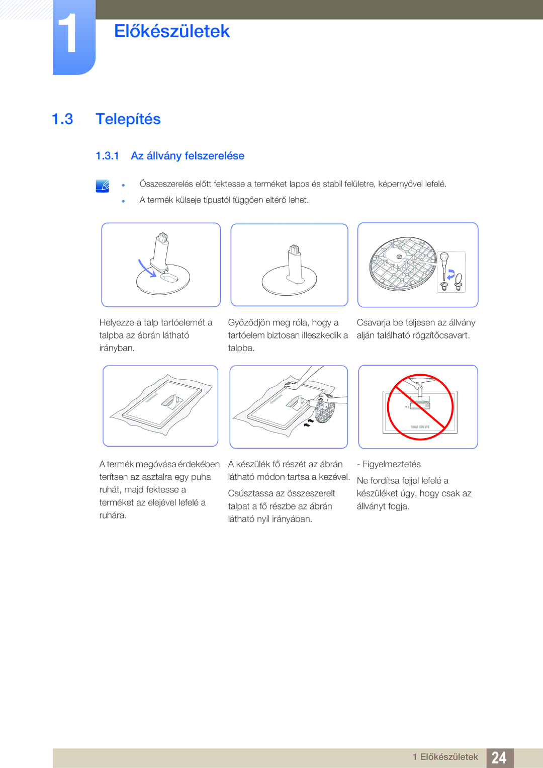 Samsung LS27D391HS/EN, LS24D391HL/EN manual Telepítés, 1 Az állvány felszerelése 