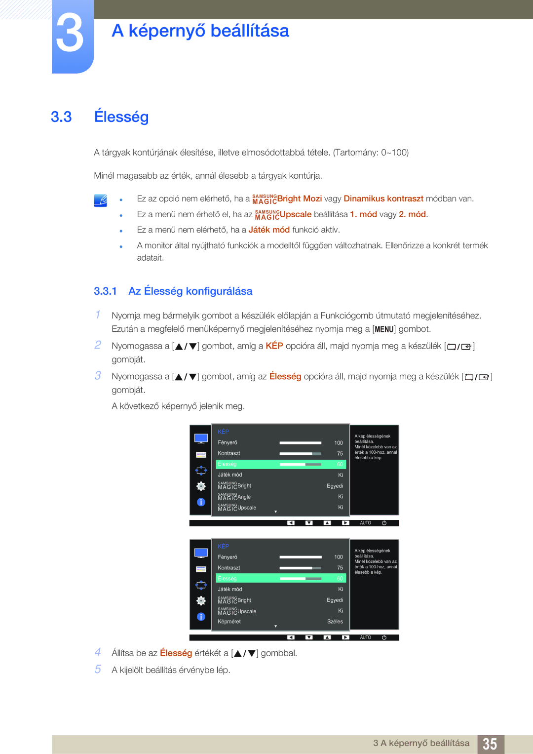 Samsung LS24D391HL/EN, LS27D391HS/EN manual 1 Az Élesség konfigurálása 