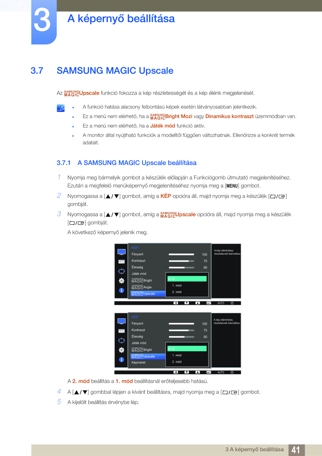 Samsung LS24D391HL/EN, LS27D391HS/EN manual Samsung Magic Upscale beállítása 