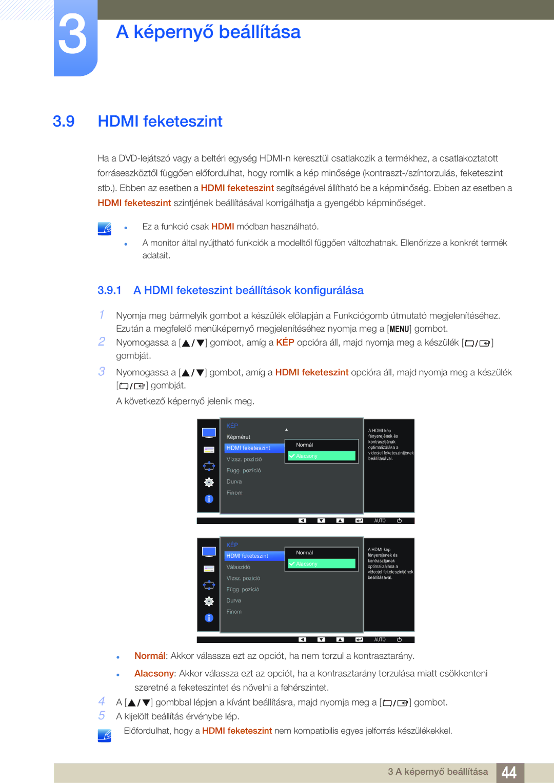 Samsung LS27D391HS/EN, LS24D391HL/EN manual Hdmi feketeszint beállítások konfigurálása 