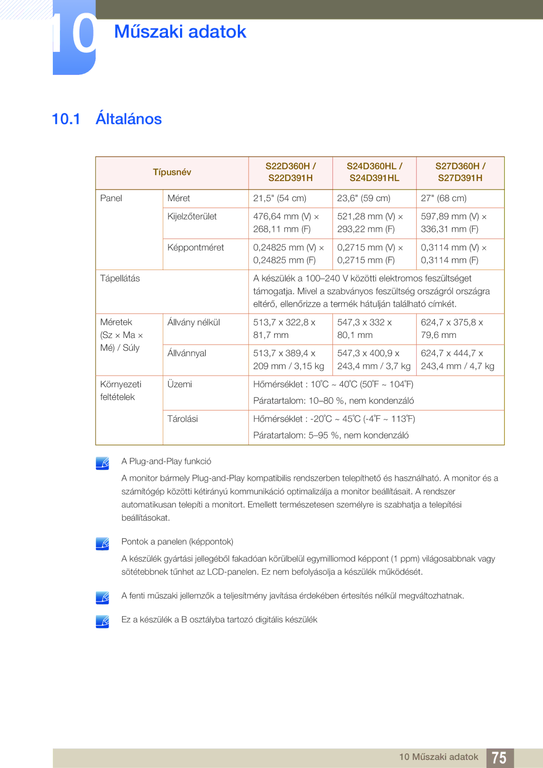 Samsung LS24D391HL/EN, LS27D391HS/EN manual 10 Műszaki adatok, 10.1 Általános 