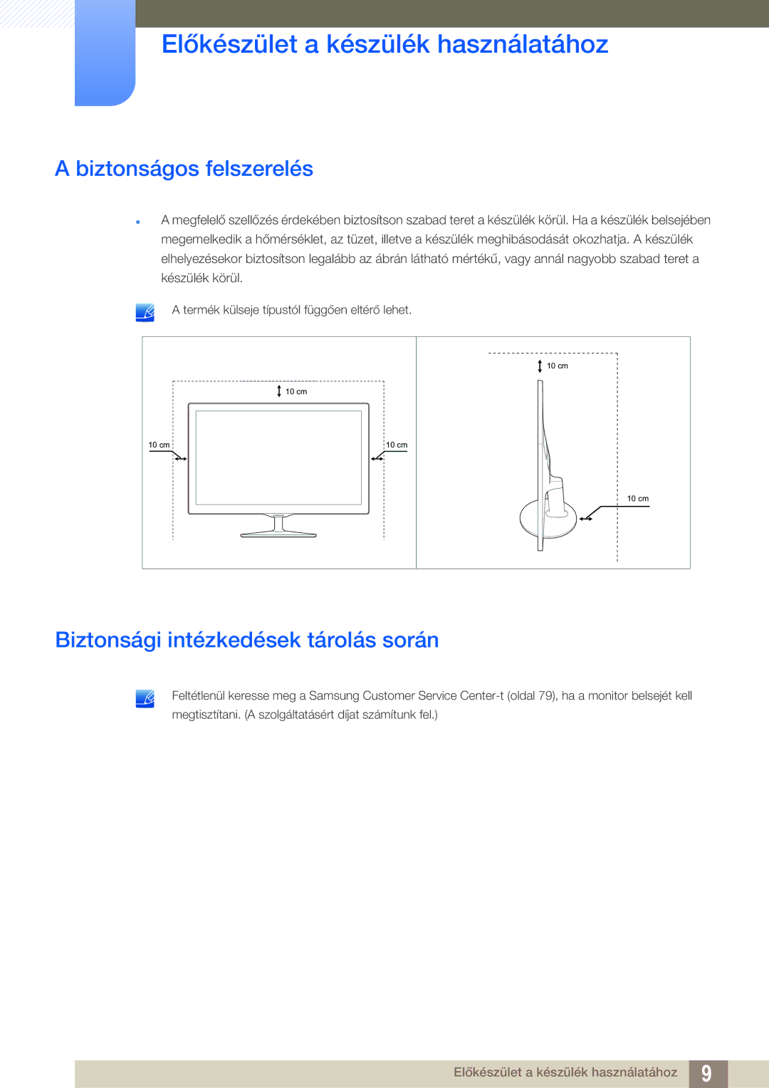 Samsung LS24D391HL/EN, LS27D391HS/EN manual Biztonságos felszerelés, Biztonsági intézkedések tárolás során 