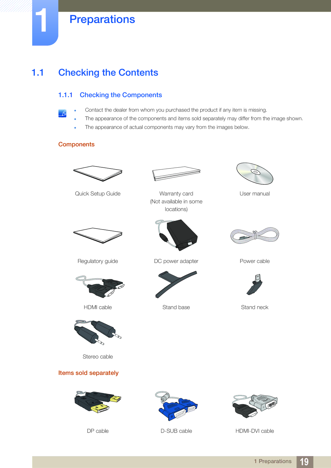 Samsung LS27D590CS/CH, LS27D590CS/EN, LS27D590CS/ZN, LS27D590CS/XV, LS27D590CS/CI manual Preparations, Checking the Contents 