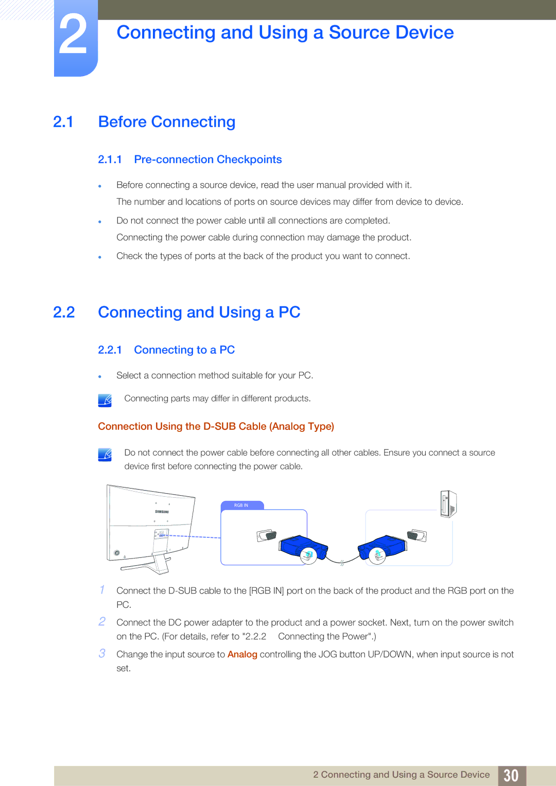 Samsung LS27D590CS/EN, LS27D590CS/ZN Connecting and Using a Source Device, Before Connecting, Connecting and Using a PC 