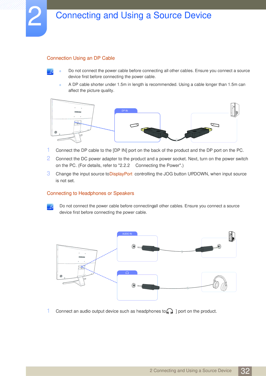 Samsung LS27D590CS/XV, LS27D590CS/EN, LS27D590CS/ZN manual Connection Using an DP Cable, Connecting to Headphones or Speakers 