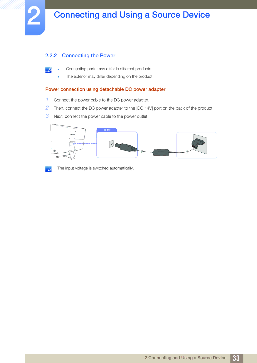 Samsung LS27D590CS/CI, LS27D590CS/EN manual Connecting the Power, Power connection using detachable DC power adapter 