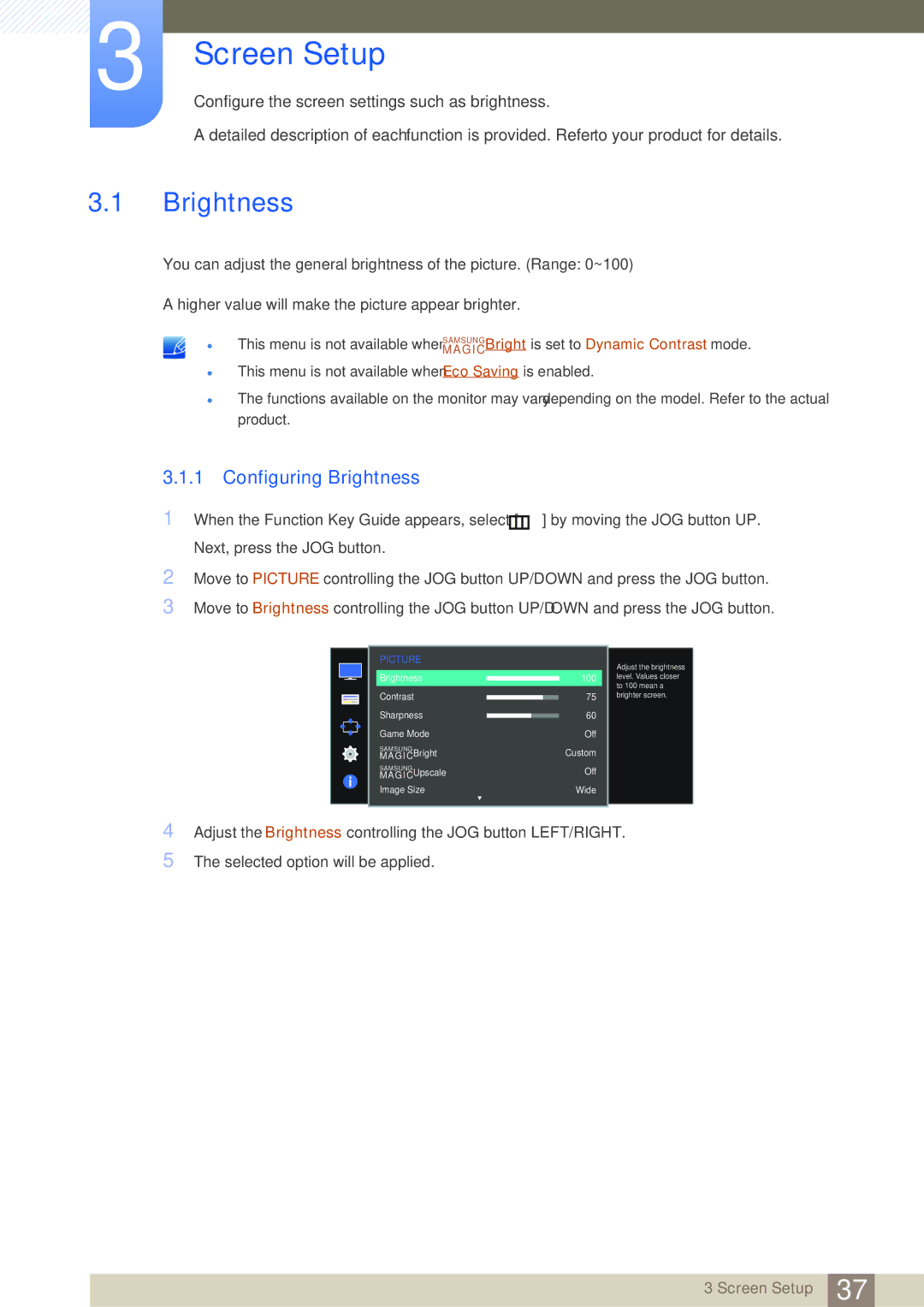 Samsung LS27D590CS/XV, LS27D590CS/EN, LS27D590CS/ZN, LS27D590CS/CI, LS27D590CS/CH Screen Setup, Configuring Brightness 