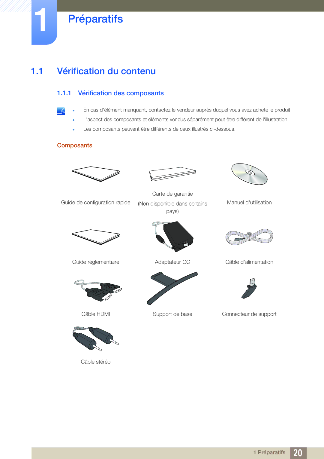 Samsung LS27D590CS/EN manual Préparatifs, Vérification du contenu, 1 Vérification des composants, Composants 