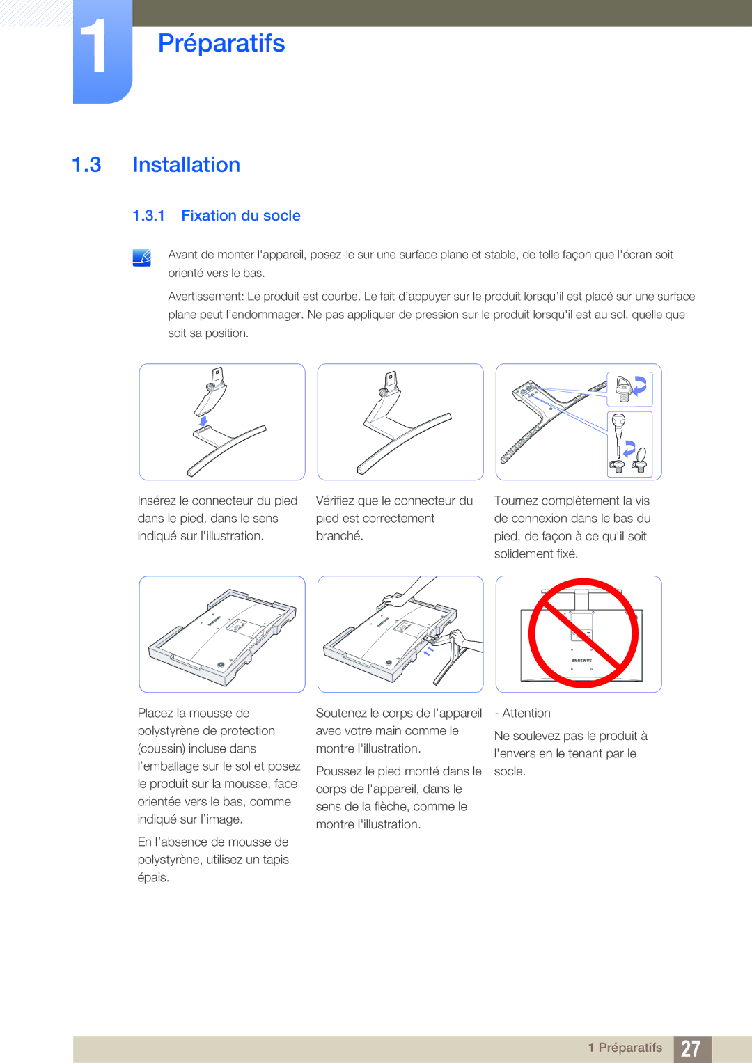 Samsung LS27D590CS/EN manual Installation, Fixation du socle 