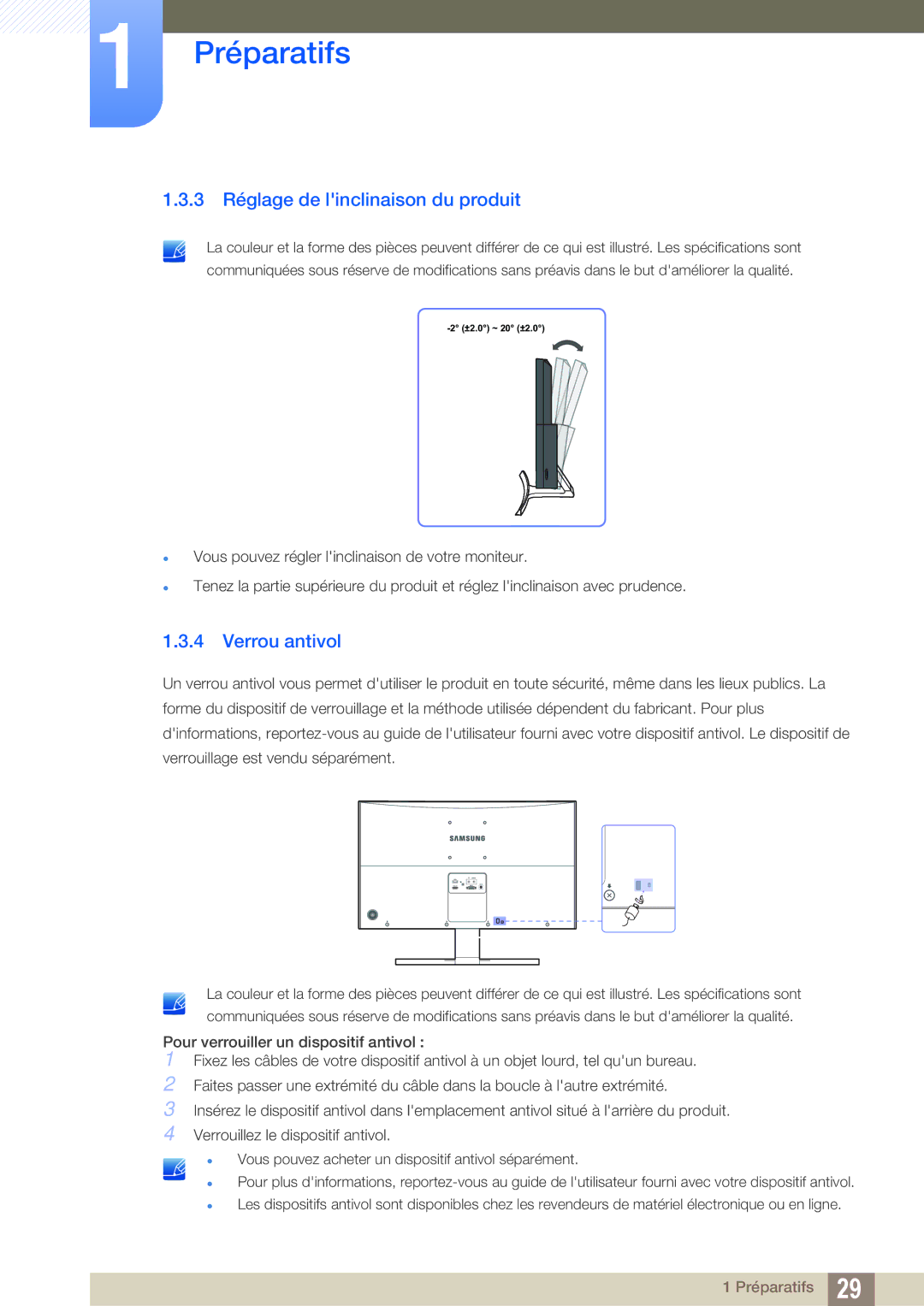 Samsung LS27D590CS/EN manual 3 Réglage de linclinaison du produit, Verrou antivol 