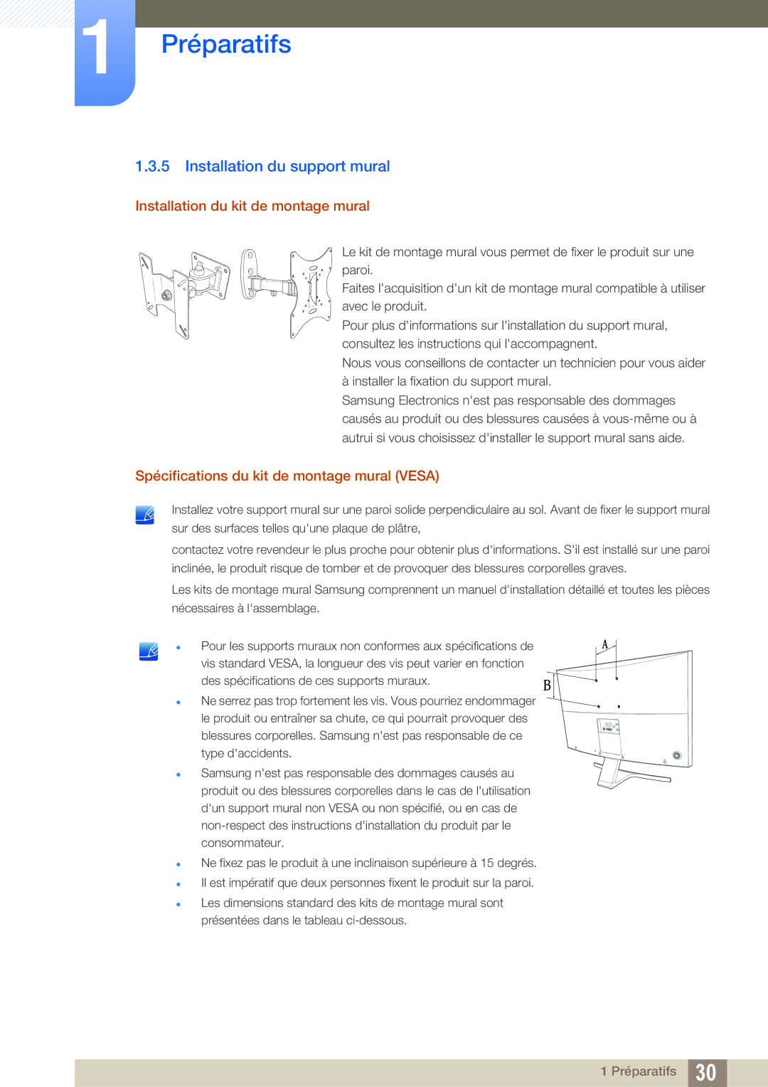 Samsung LS27D590CS/EN manual Installation du support mural, Installation du kit de montage mural 