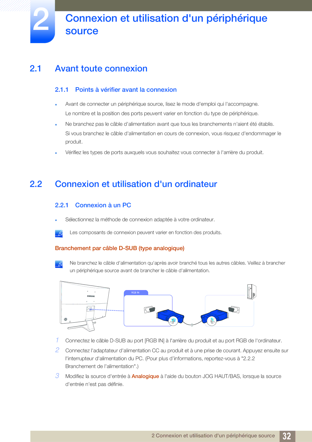 Samsung LS27D590CS/EN manual Connexionsource et utilisation dun périphérique, Avant toute connexion, Connexion à un PC 