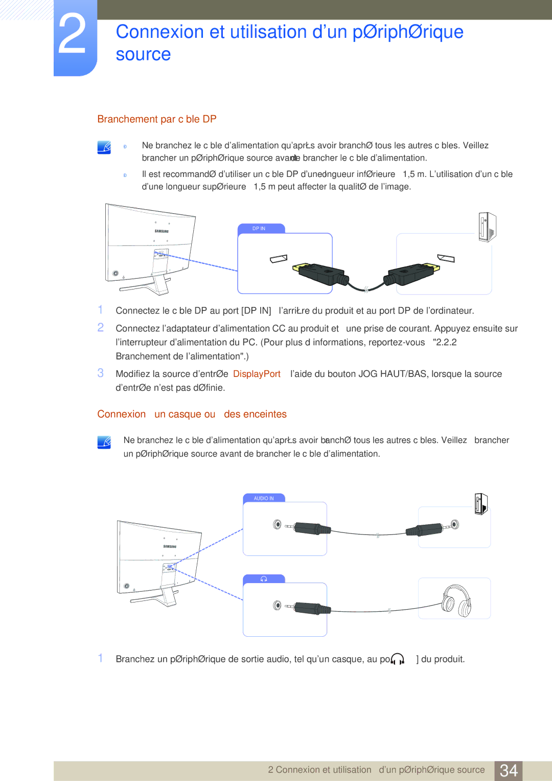 Samsung LS27D590CS/EN manual Branchement par câble DP, Connexion à un casque ou à des enceintes 