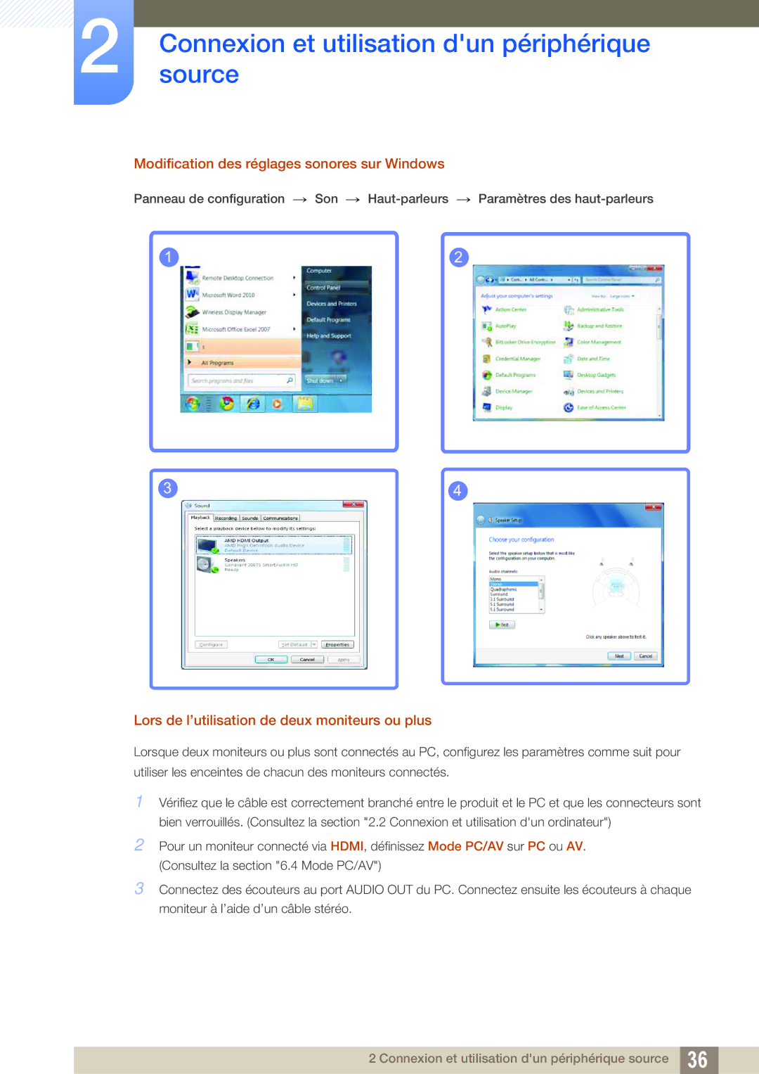 Samsung LS27D590CS/EN manual Modification des réglages sonores sur Windows, Lors de l’utilisation de deux moniteurs ou plus 