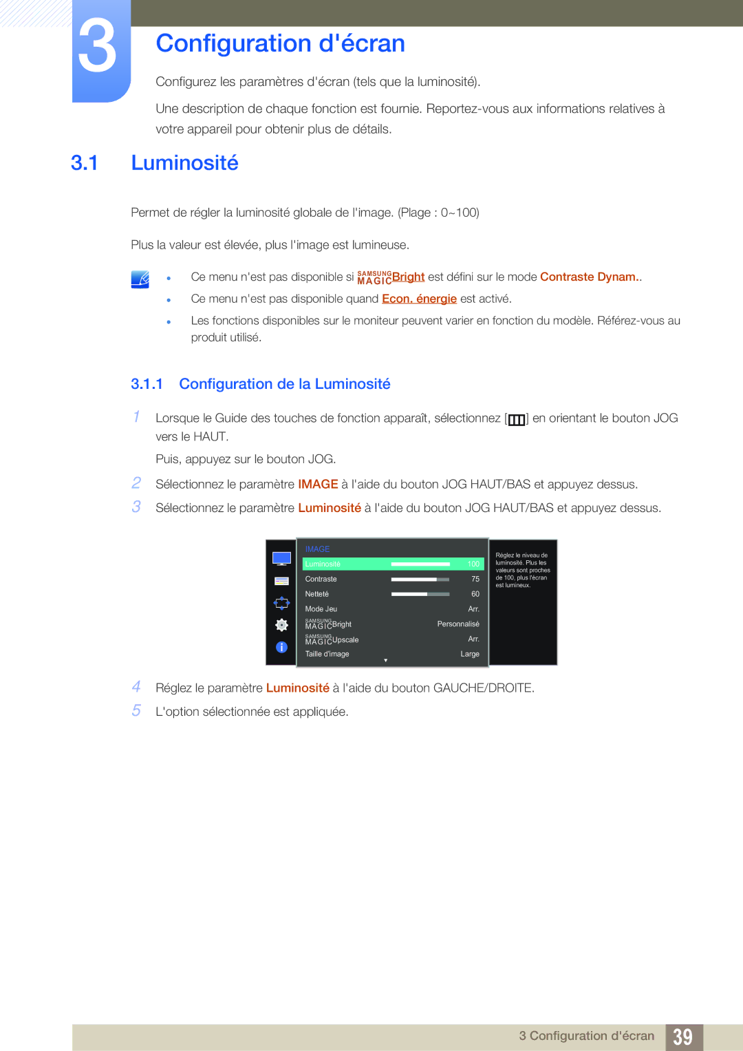 Samsung LS27D590CS/EN manual Configuration décran, Configuration de la Luminosité 