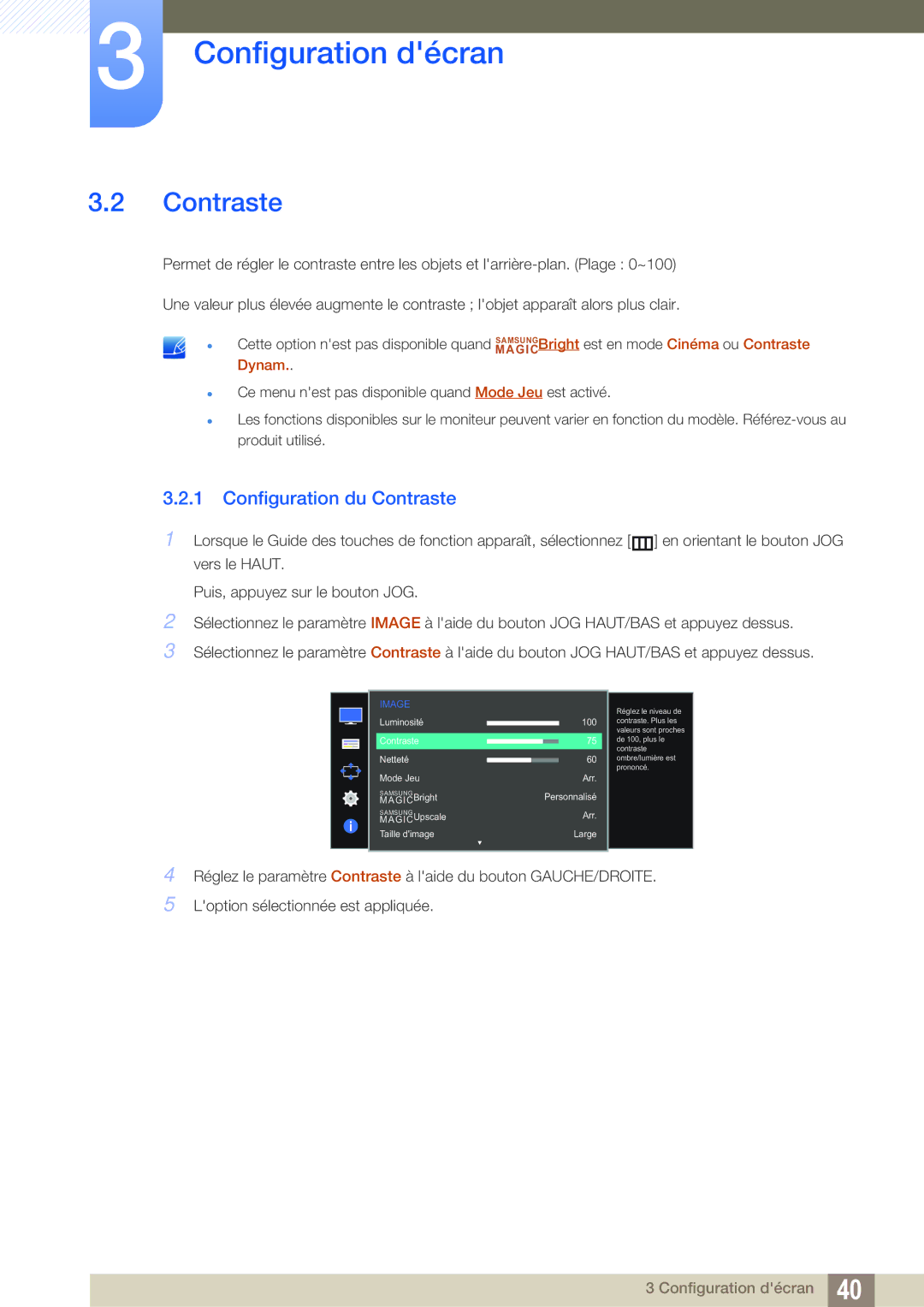 Samsung LS27D590CS/EN manual Configuration du Contraste 