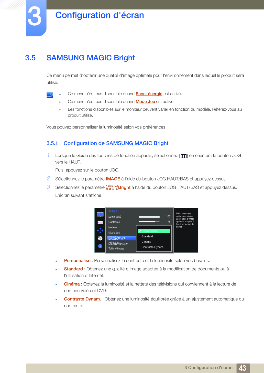 Samsung LS27D590CS/EN manual Configuration de Samsung Magic Bright 