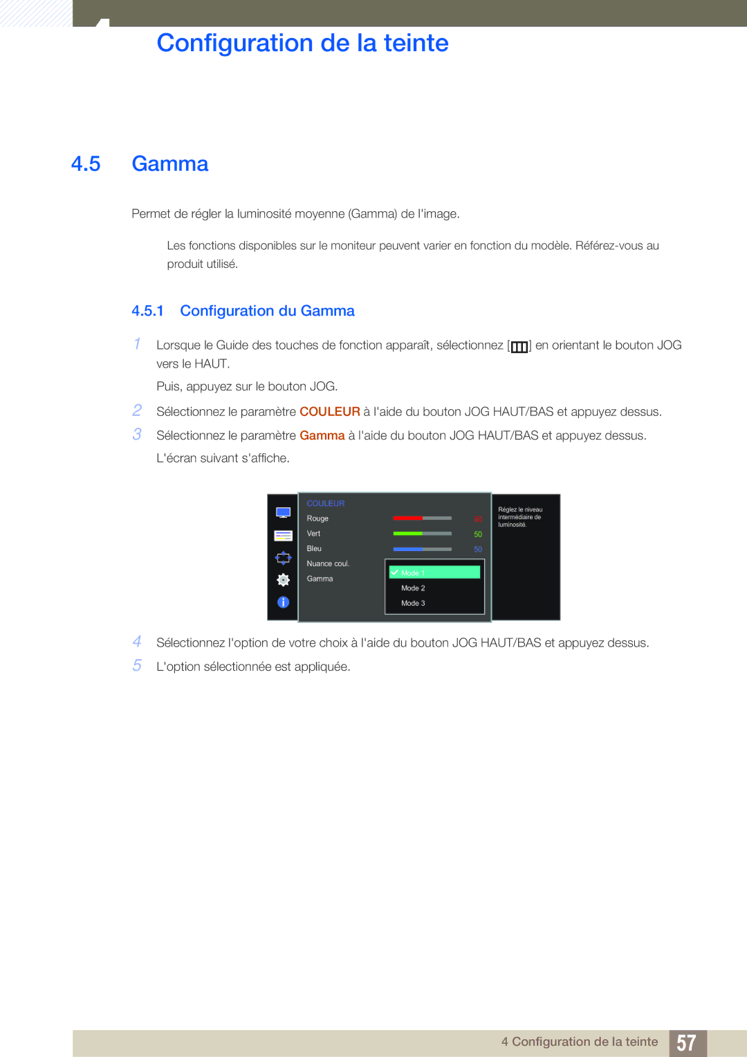 Samsung LS27D590CS/EN manual Configuration du Gamma 