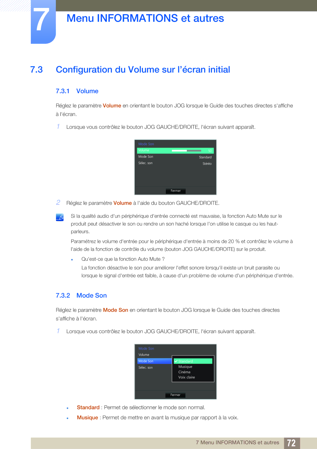 Samsung LS27D590CS/EN manual Configuration du Volume sur l’écran initial, Mode Son 