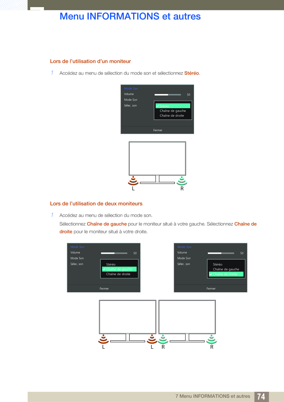 Samsung LS27D590CS/EN manual Lors de l’utilisation d’un moniteur, Lors de l’utilisation de deux moniteurs 