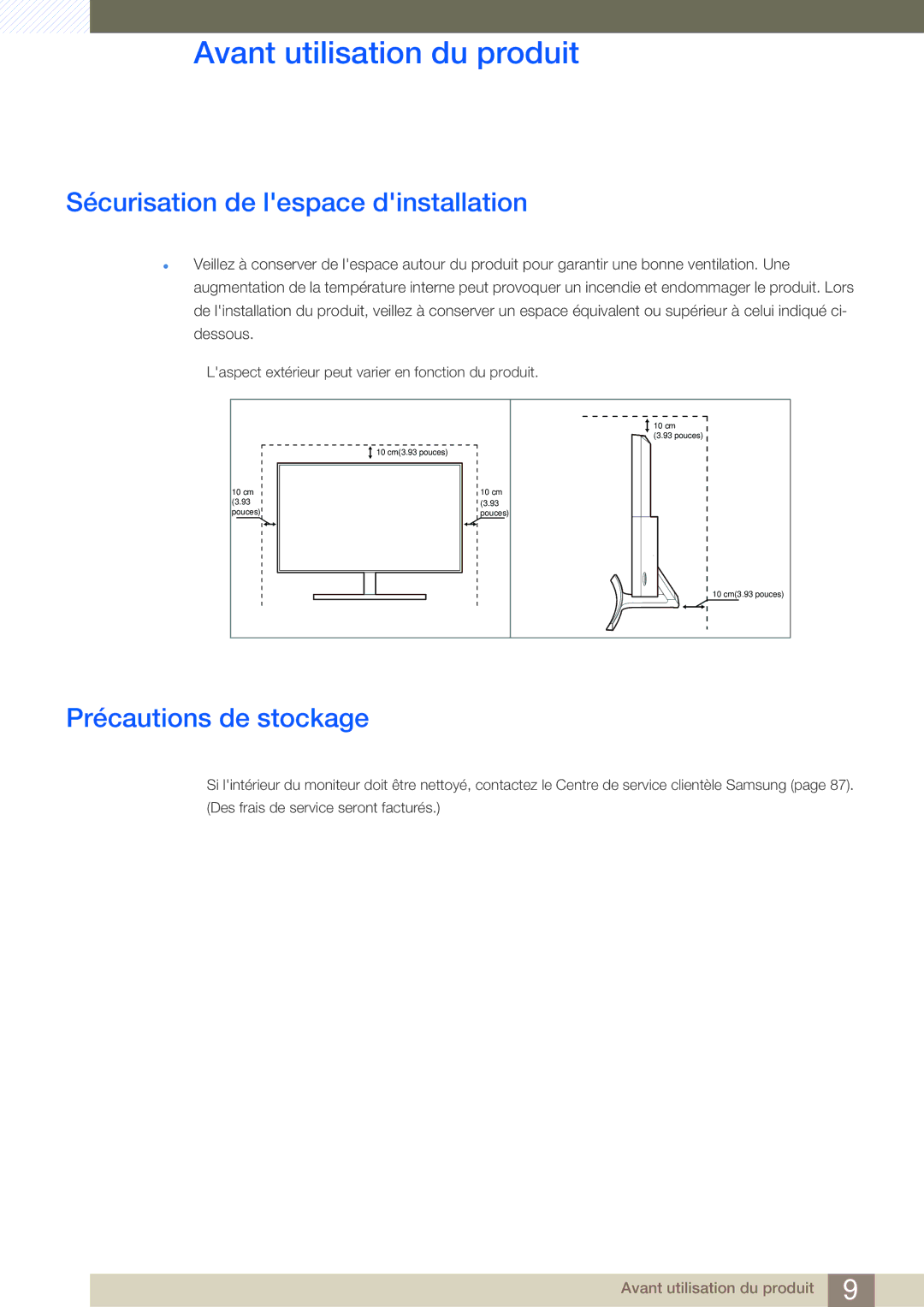 Samsung LS27D590CS/EN manual Sécurisation de lespace dinstallation, Précautions de stockage 