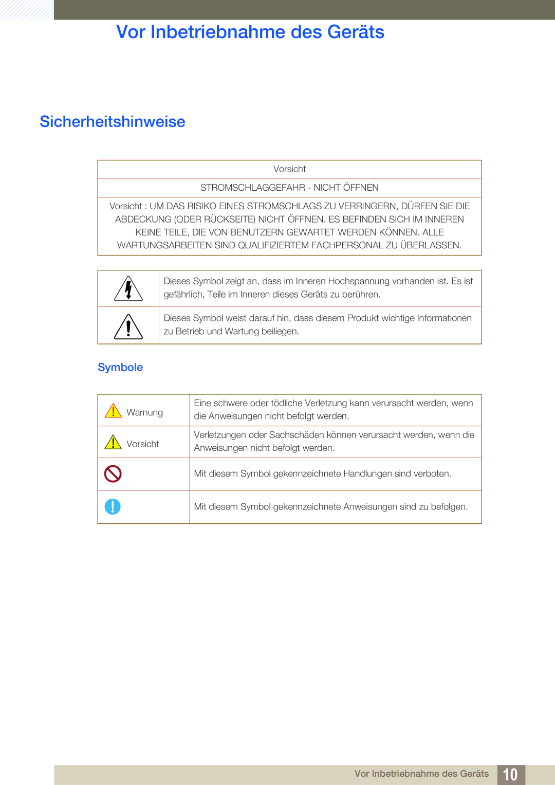 Samsung LS27D590CS/EN manual Sicherheitshinweise, Symbole 